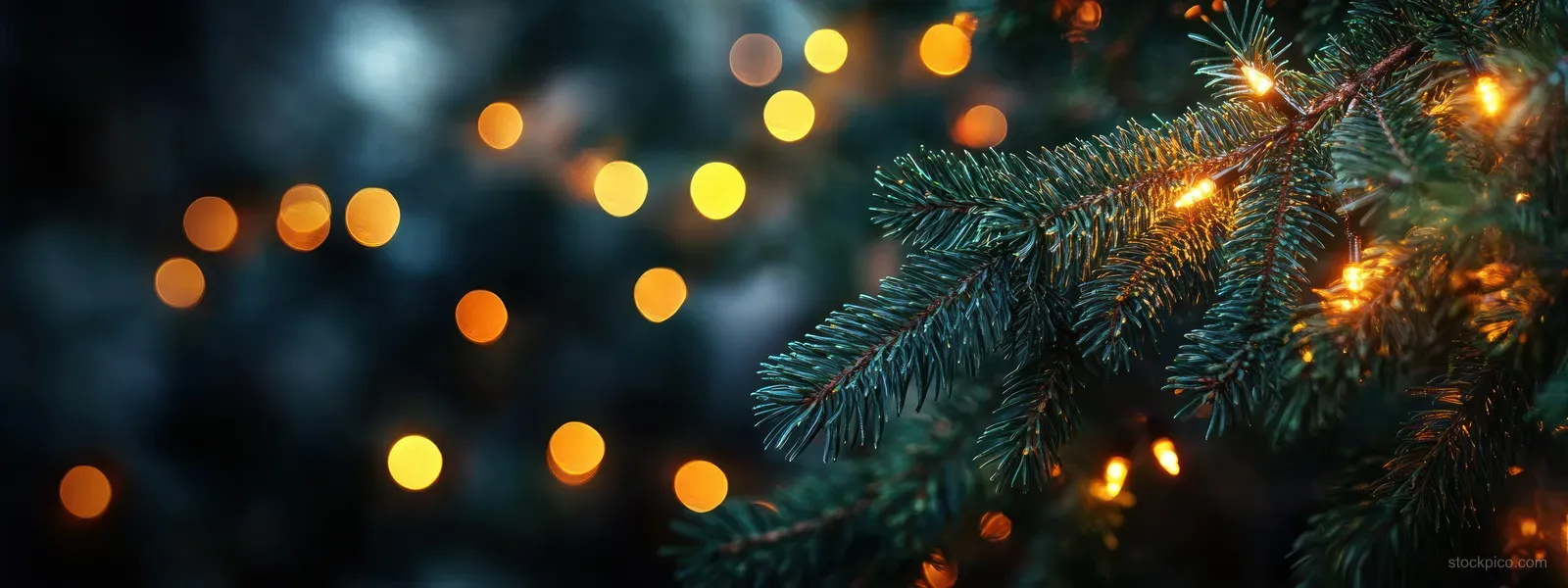 Evergreen pine branches with warm fairy lights glow against a softly blurred evening city bokeh background.