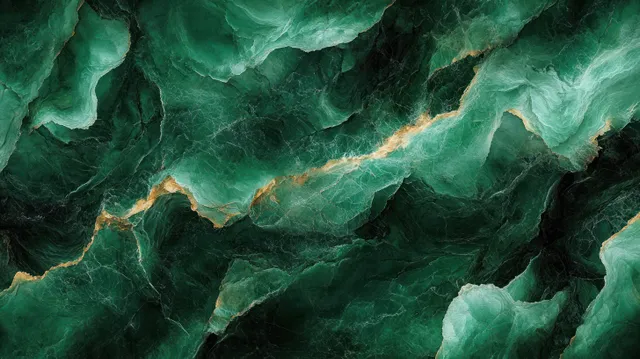 Emerald marble slab with glowing gold veins forming an abstract flowing pattern background