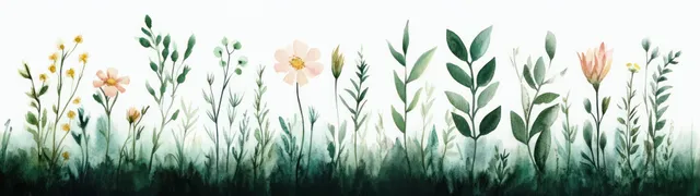 Watercolor botanical greens and wildflowers border on white background with airy stems