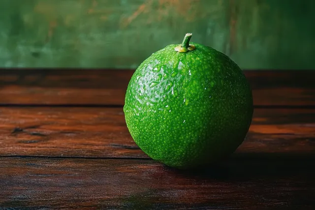 A single green lime rests on a dark wooden table under soft natural light.