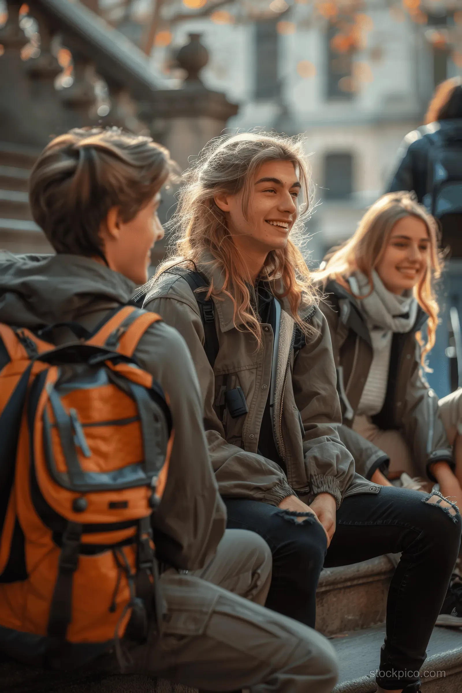 A diverse group of students with backpacks sits on park benches, laughing and chatting outdoors.