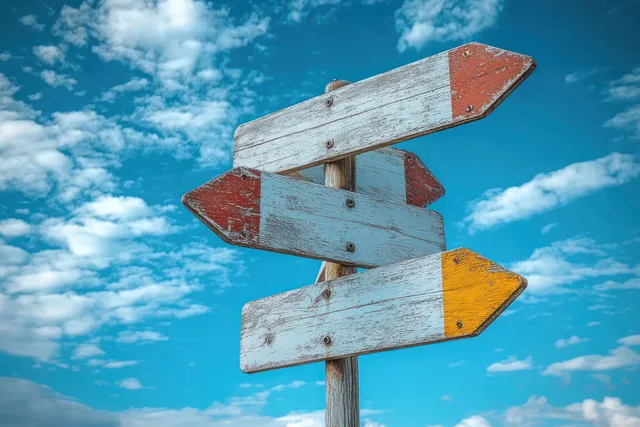 Weathered wooden road signs with blank arrow directions against a bright blue sky and scattered clouds.