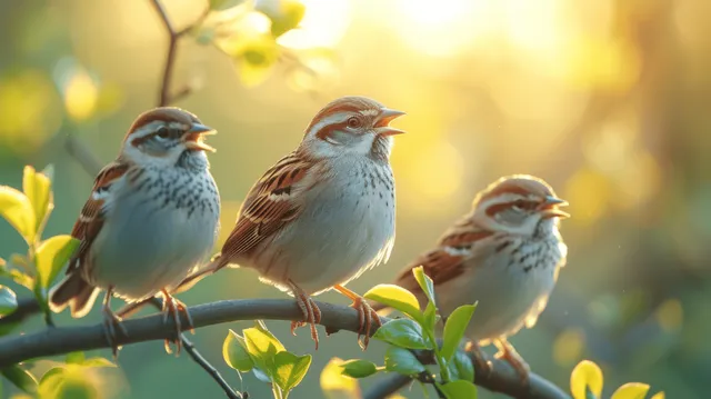 Three sparrows chirp and perch on flowering branches amid warm golden spring sunlight and blurred greenery.