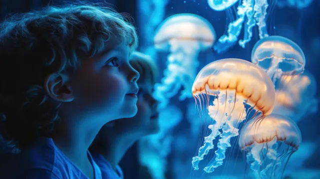 Two children in profile look at glowing jellyfish floating inside a dark blue aquarium.