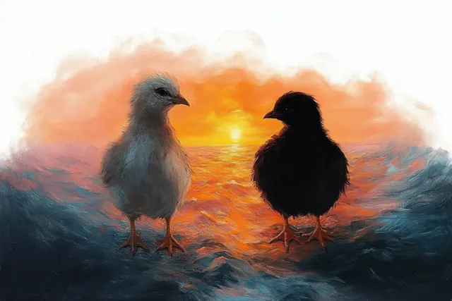 A light and dark chick face each other on textured ground with an orange yellow sunset behind.