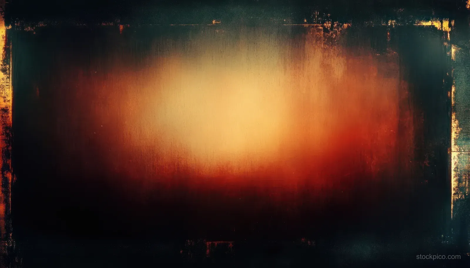 Dark abstract background with warm orange light leaks and visible film grain under a faint vignette.