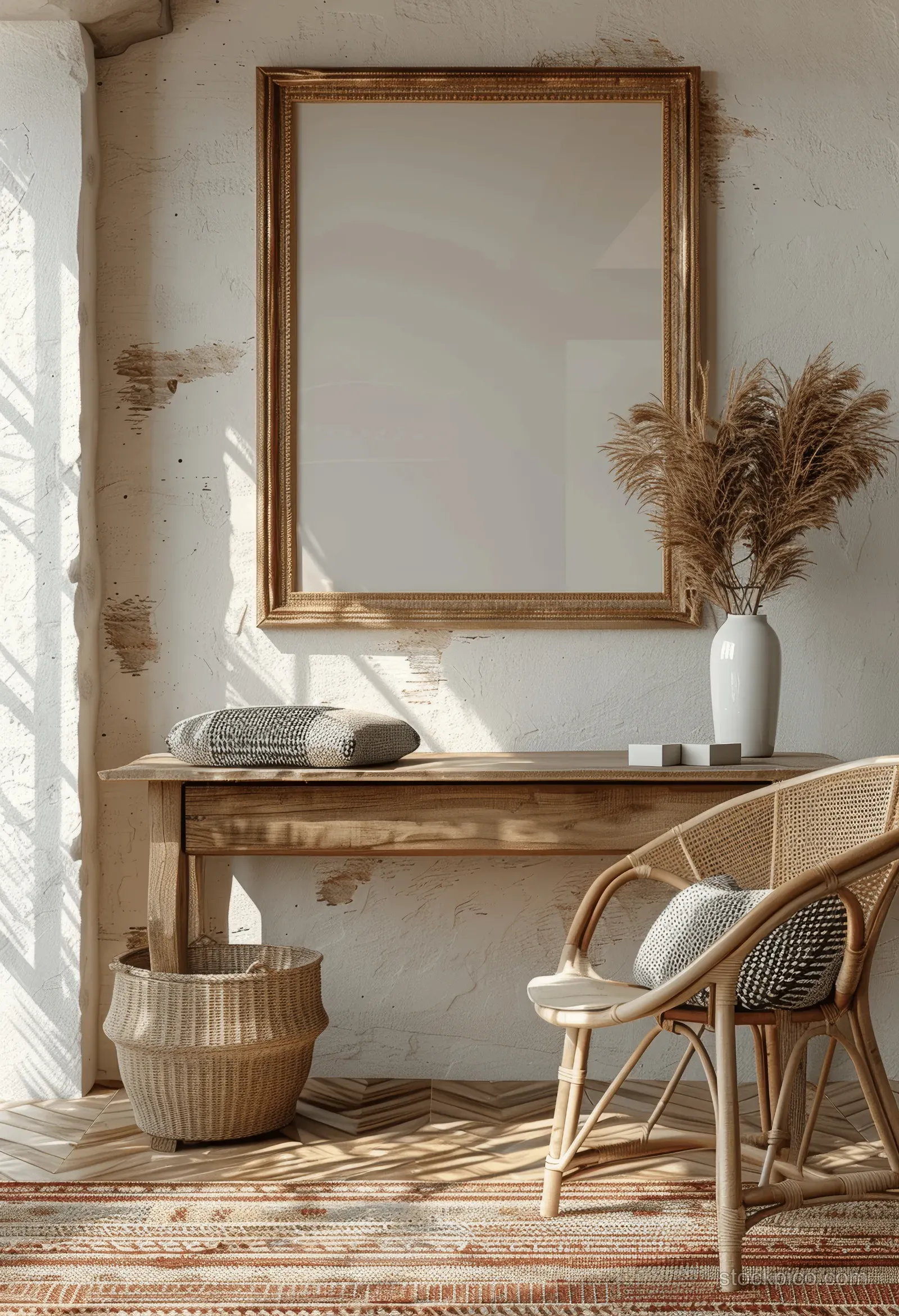 Boho poster frame above a wooden desk with a rattan chair, plant, and neutral decor near a window.