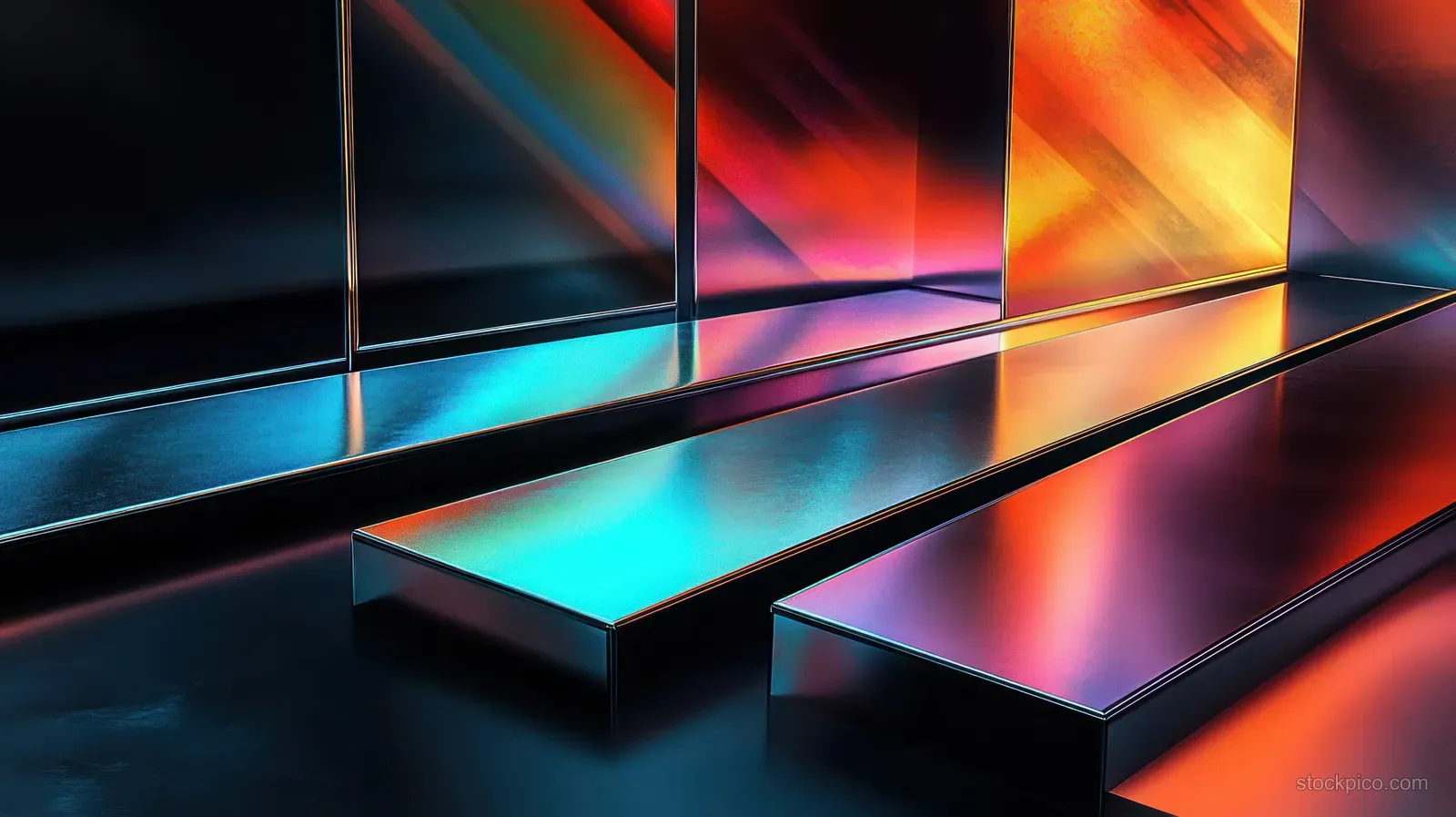 Metallic benches in a dark interior reflect neon lights in blue, pink, orange, and purple across glossy surfaces.
