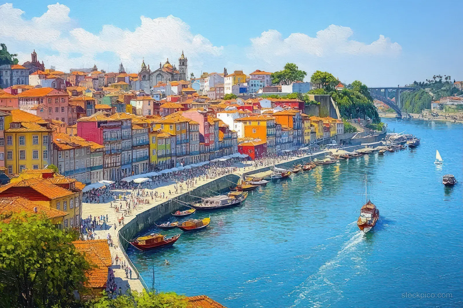 Colorful Porto waterfront buildings line the Douro River as small boats glide beneath a bright summer sky.