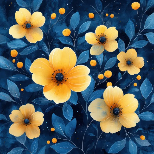 Watercolor floral pattern with bright yellow blooms and dark blue leafy petals