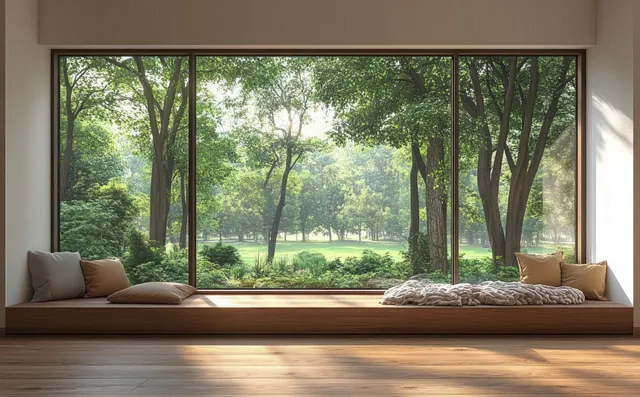 Minimalist window seat in a living room with cushions facing large glass panes overlooking green garden trees.