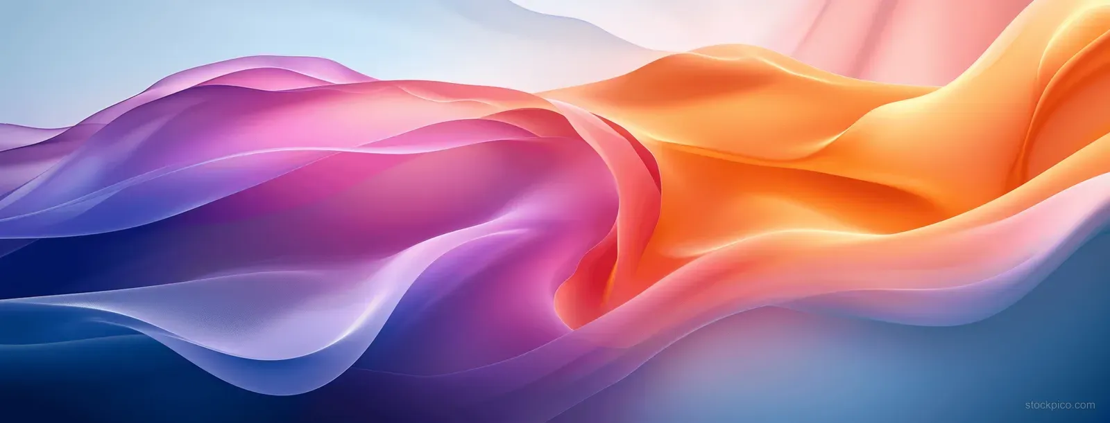 Layered ribbon waves in pink, purple, and orange flow across a smooth abstract gradient background.