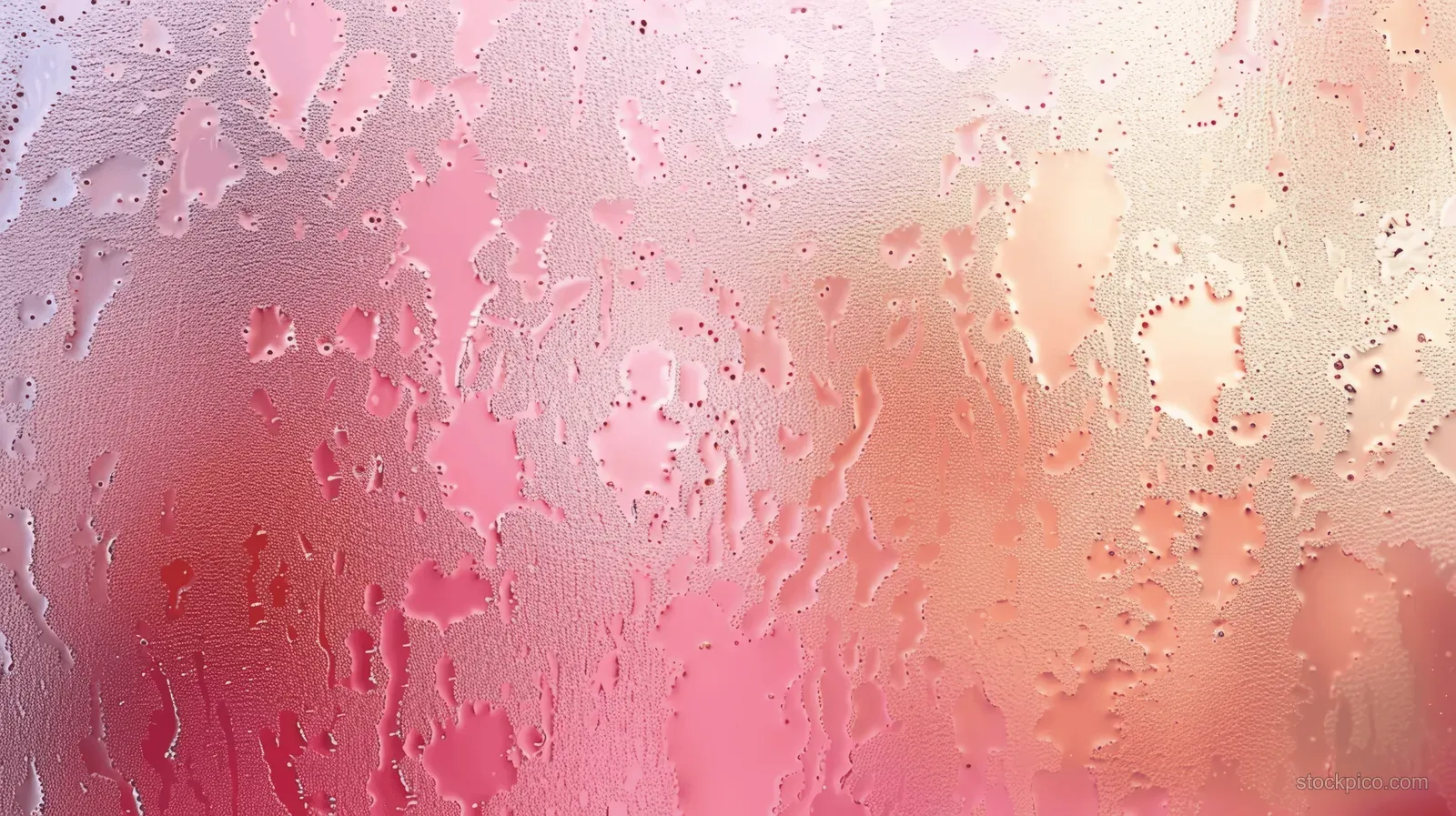 Macro frosted glass surface in pastel pink and peach with scattered bubbles and soft gradient light.