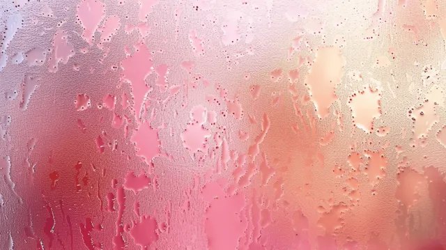 Pastel pink peach frosted glass macro with soft light bubbles and gradient texture background