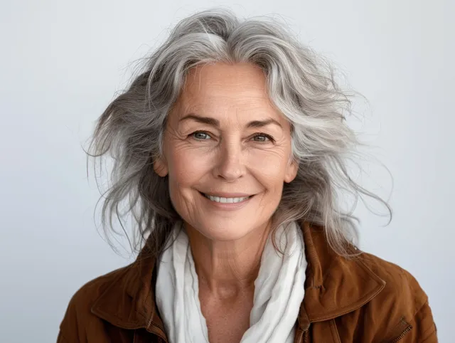 Cheerful grey-haired senior woman smiles widely, showcasing bright clean teeth against a white background.