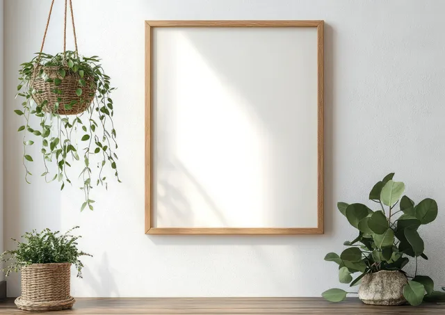 Wooden picture frame and hanging planter with trailing green leaves on a white wall under soft sunlight.