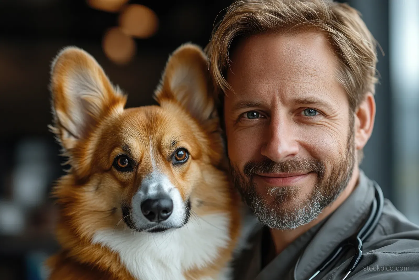 A veterinarian holds a corgi in a modern clinic while both face the camera in soft warm light.