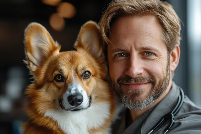 Veterinarian holding a corgi in a modern clinic after a checkup, warm soft lighting