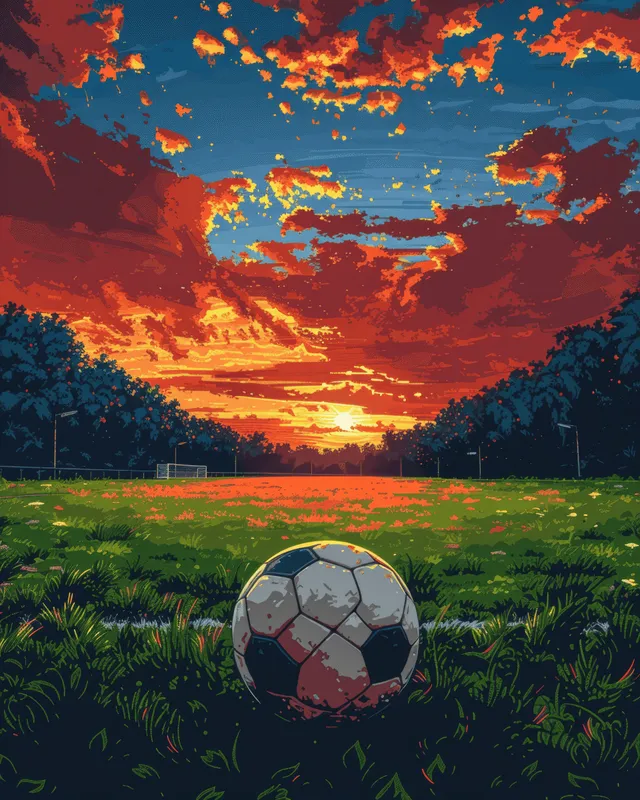 A soccer ball sits on green grass in a stadium at sunset with glowing lights under a dramatic sky.