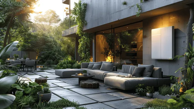 Wall-mounted solar panel and battery storage beside outdoor living patio in modern home