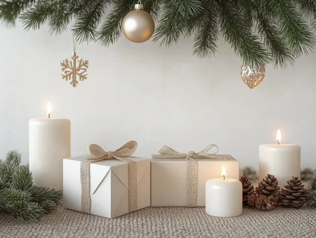 Wrapped winter gifts and glowing white candles rest on a shelf beneath pine branches and ornaments.