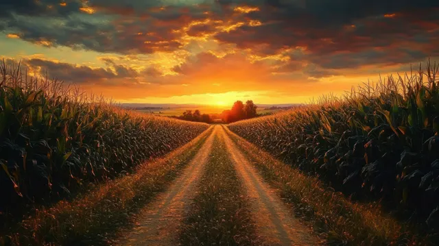 Dirt road stretches between cornfields under a glowing sunset horizon.