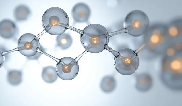 Glassy 3D molecular spheres connected by glowing bonds float against a soft blurred scientific background.