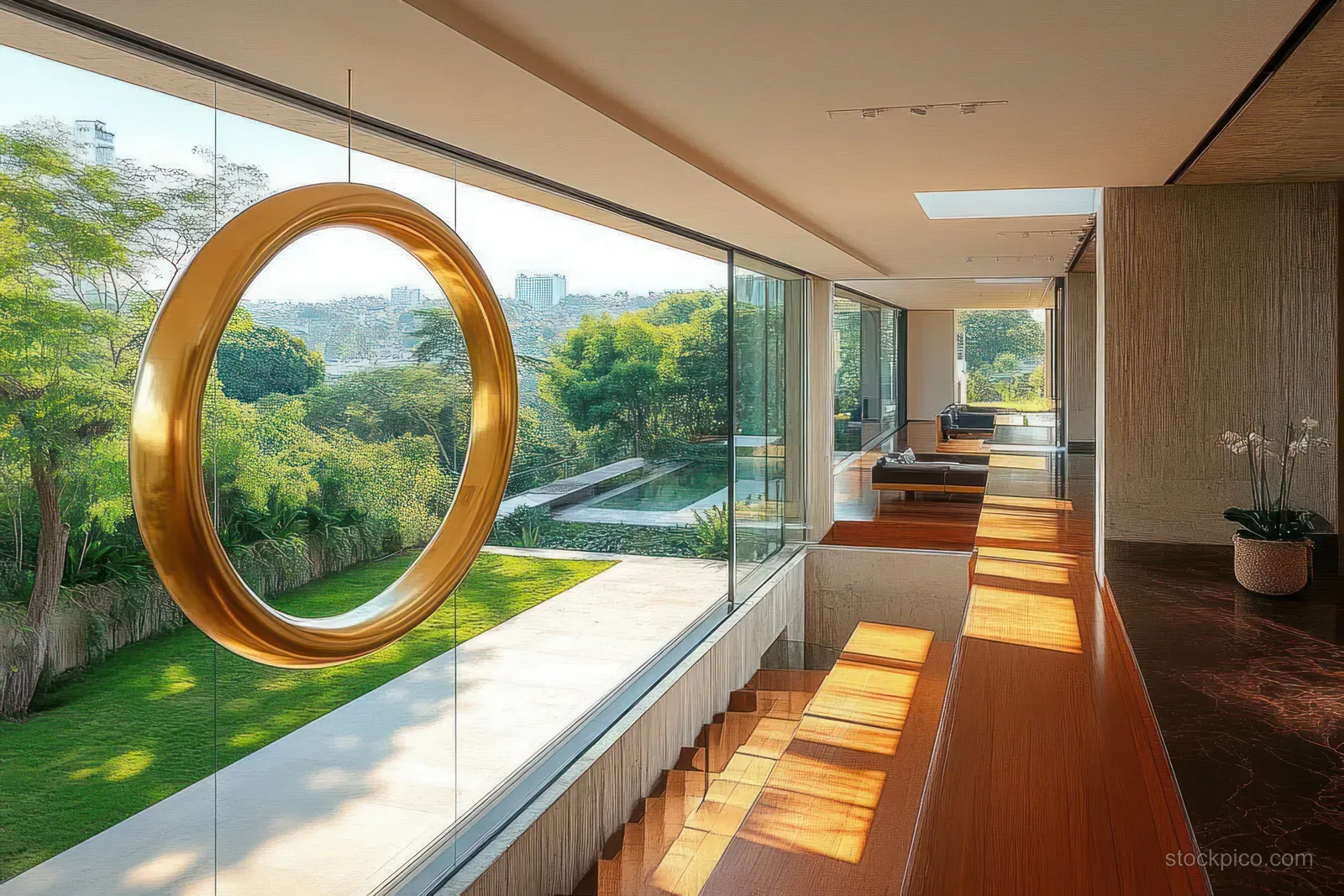 Sunlit modern corridor with floor-to-ceiling windows, wooden floor shadows, and a circular hanging sculpture beside minimalist seating.