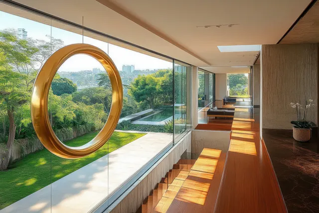 Sunlit modern corridor with floor-to-ceiling windows, wooden floor shadows, and a circular hanging sculpture beside minimalist seating.