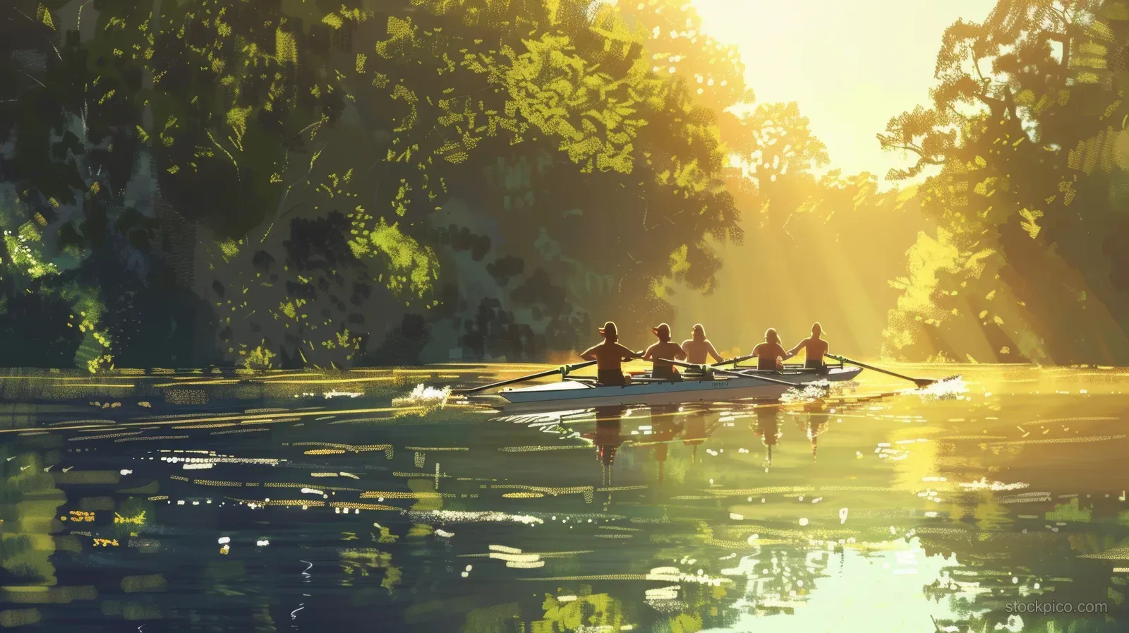 A four-person rowing shell with women athletes strokes at sunrise, reflected on a calm lake.