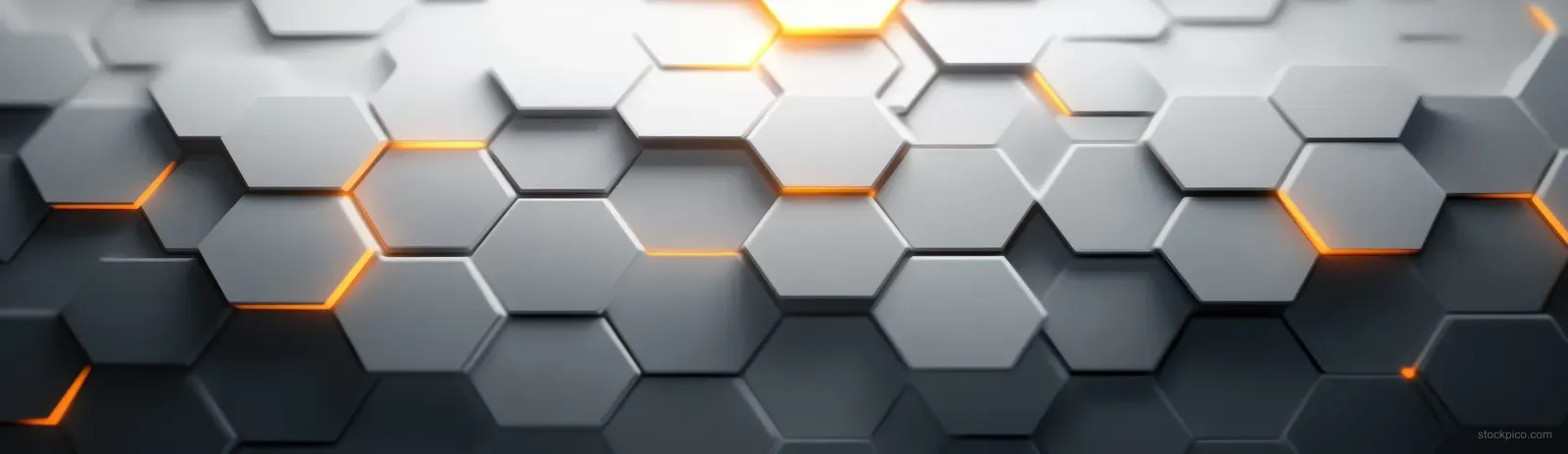 Gray hexagonal tiles form a symmetrical pattern with soft shadows and faint orange glowing edges.