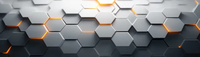 Gray hexagonal tiles form a symmetrical pattern with soft shadows and faint orange glowing edges.