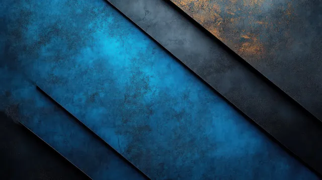 Diagonal layered metal panels with blue patina and dark shadows form an abstract textured background with rusty orange tones.