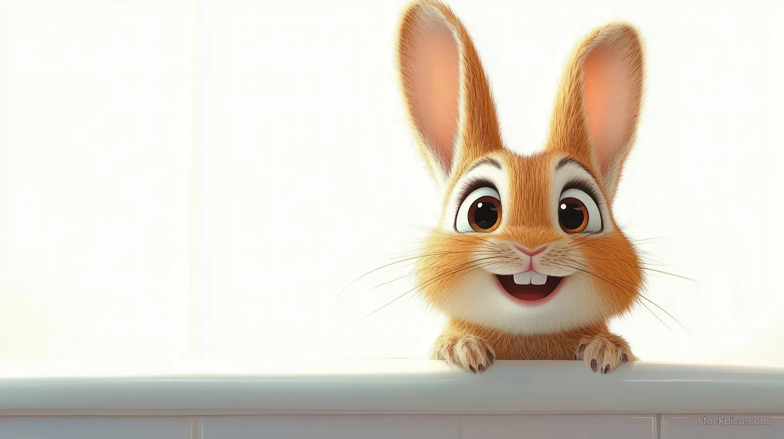 A small animated bunny with big eyes peeks over a white ledge with a cheerful smile.