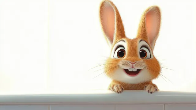 A small animated bunny with big eyes peeks over a white ledge with a cheerful smile.