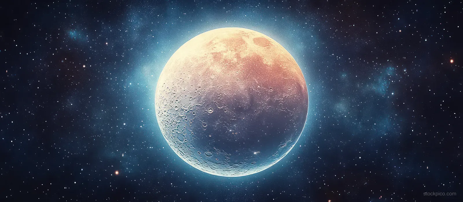 A glowing moon floats in a colorful cosmic nebula filled with stars and ethereal light.