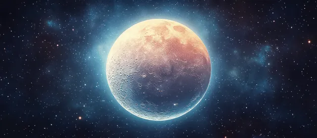 A glowing moon floats in a colorful cosmic nebula filled with stars and ethereal light.