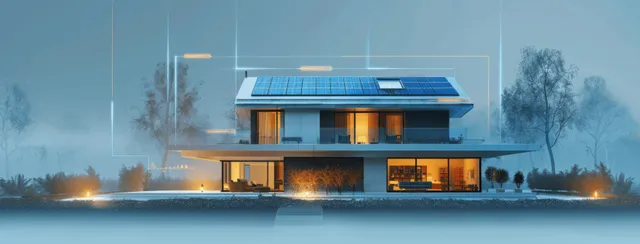A modern house at dusk shows rooftop solar panels with floating energy data visualizations over the front yard.