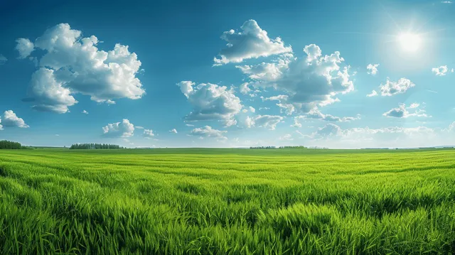 Green field stretches to the horizon under a bright sun and scattered white clouds