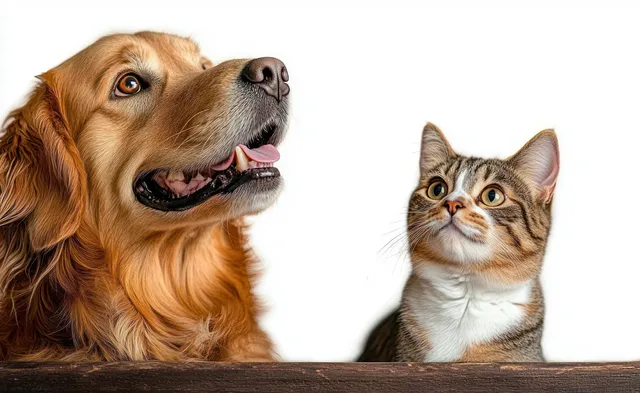 Golden retriever and tabby cat look up with curious bright eyes in a close-up portrait on a white background.