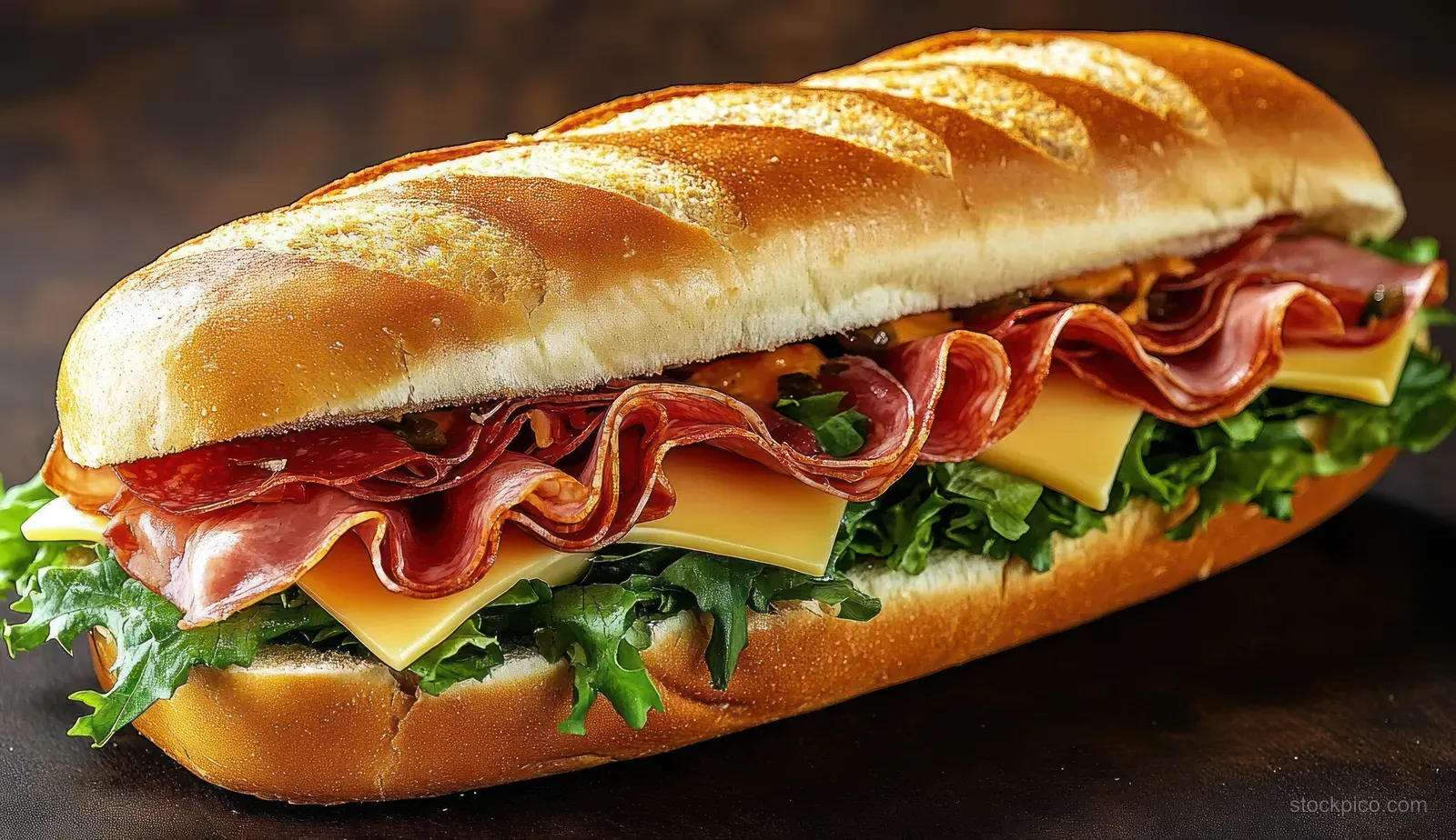 Close-up sub sandwich with toasted roll, sliced deli meats, yellow cheese, and green lettuce on a dark surface.