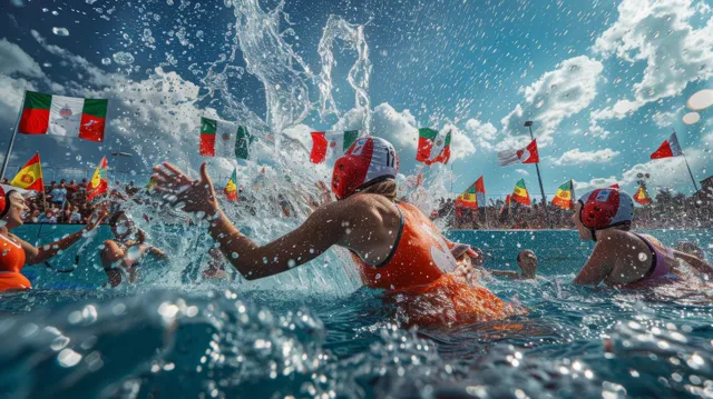 Women’s water polo players battle in a swimming pool with heavy splashes and Italian flags in the background.