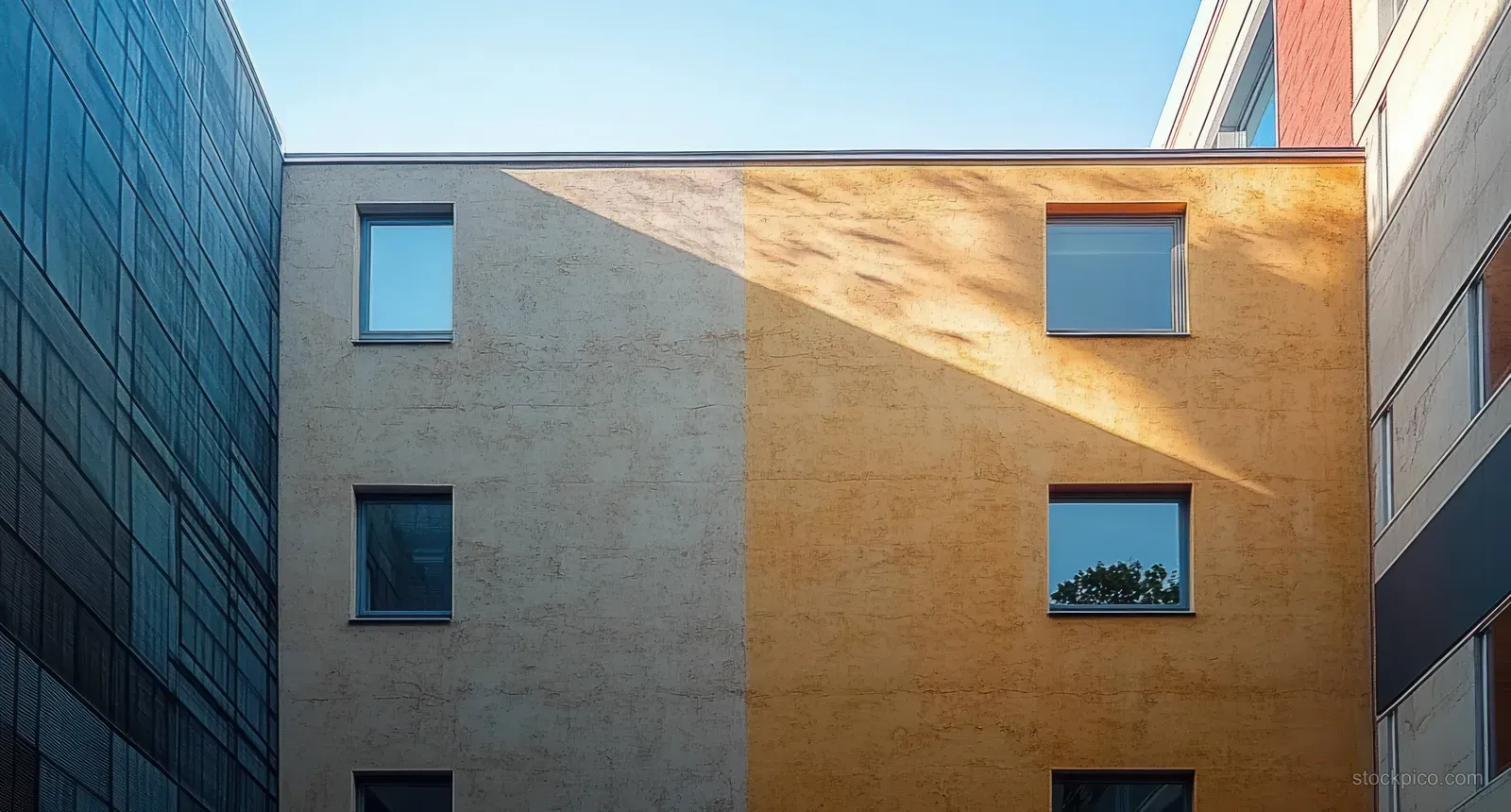 Sunlight casts diagonal shadows on a textured courtyard concrete wall with square windows between neighboring buildings.