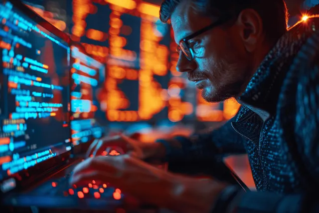 Programmer’s hands typing code on a laptop in a cyber-lit server room