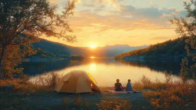 Sunset Camping by a Lake with Two People and a Yellow Tent