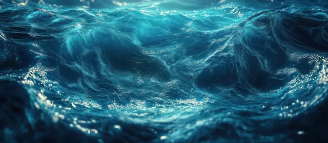 Turbulent ocean waves with foamy crests and shimmering sunlight reflections swirl across the sea surface.
