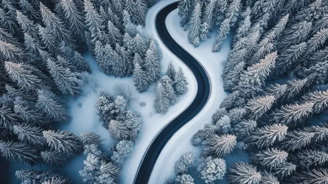 A winding road snakes through a snow-covered evergreen forest from an aerial winter perspective.