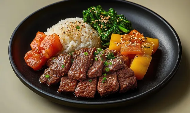 Grilled beef slices served with black-sesame rice, chopped green onions, cooked greens, and diced root vegetables on a dark plate.