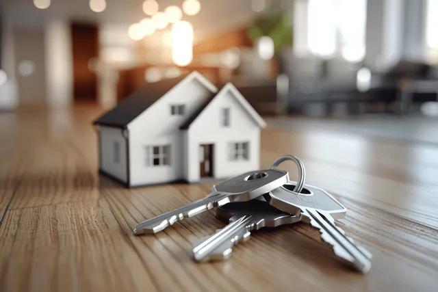 White house model and metal keys on wooden table in bright modern kitchen