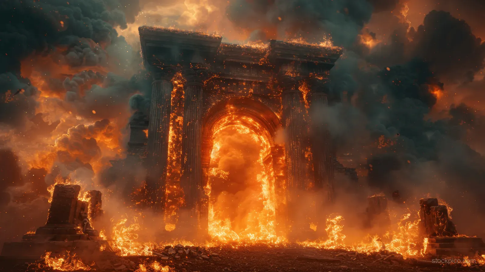 Symmetrical burning stone archway with flames, glowing doorway, and smoky ruins in a dark entrance scene.